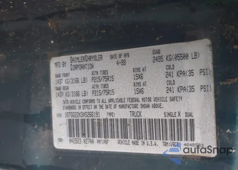 1999 Dodge Dakota Slt/Sport from USA, damaged, VIN 1B7GG22X3XS266191